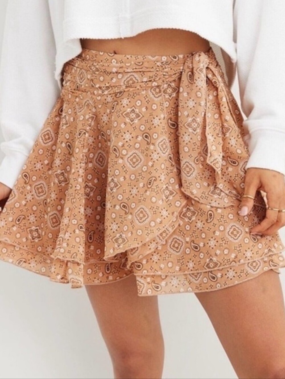 Aerie Tan Cream Paisley Wrap Mini Skirt Boho Ruffle Tiered Small cottagecore